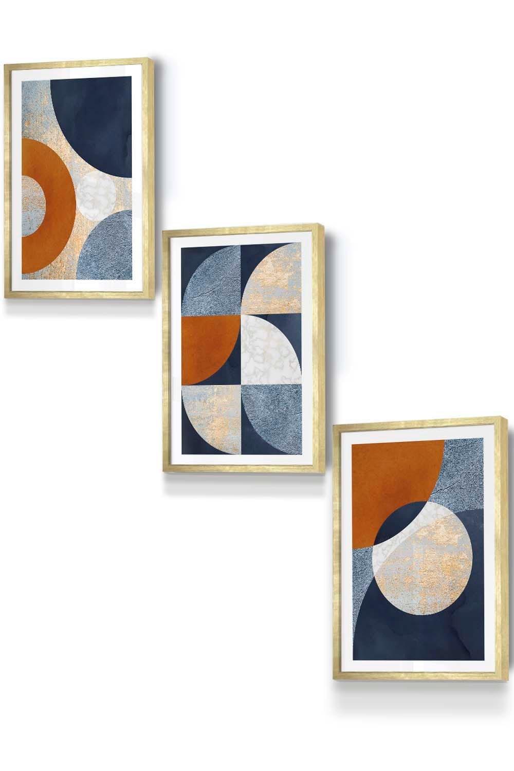 Geometric Abstract Textured Circles in Navy Blue Orange Gold Framed Wall Art - Small